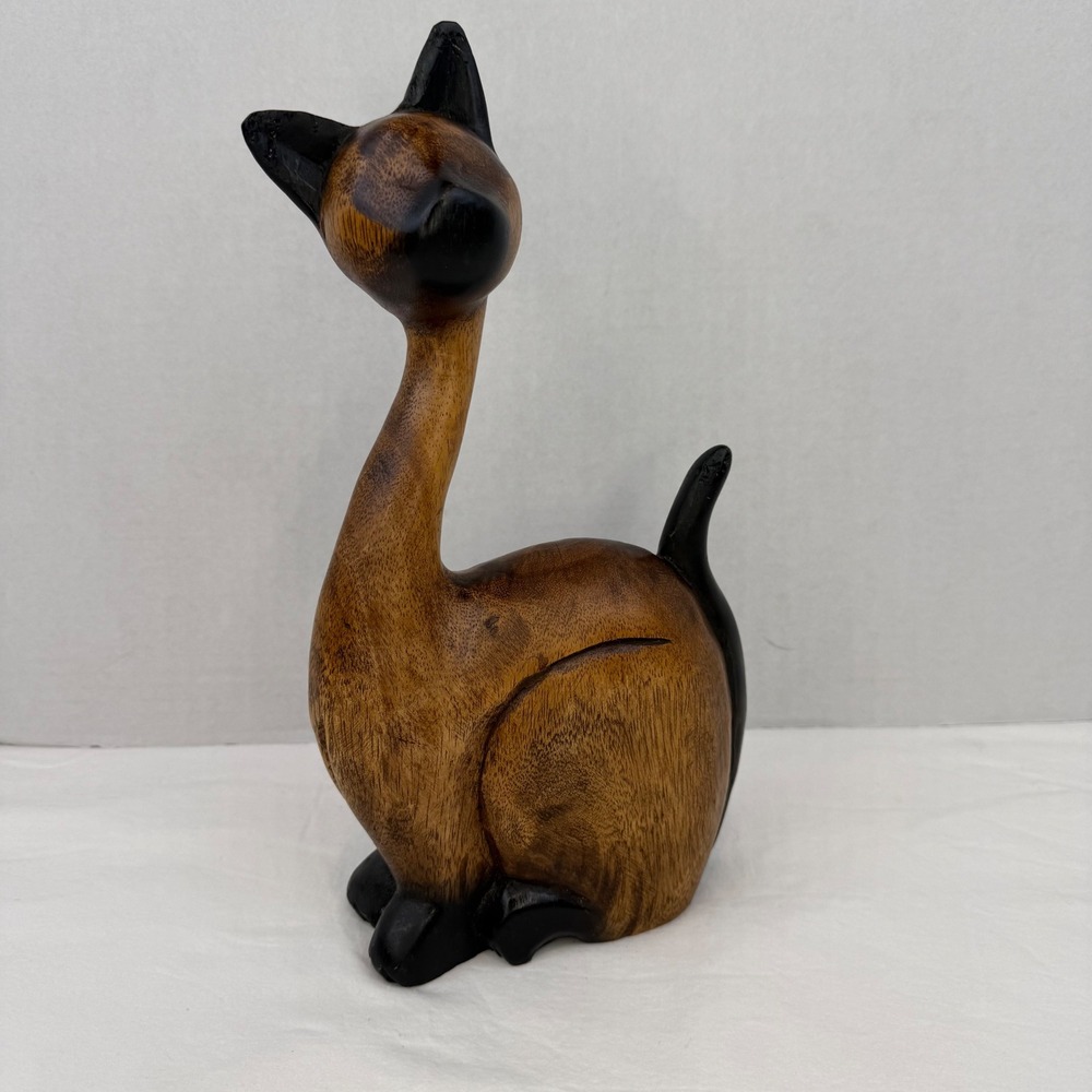 Vintage Mid Century Modernโ Hand Carved Wood Siamese Cat Figurine MCM 12.5 Inch
